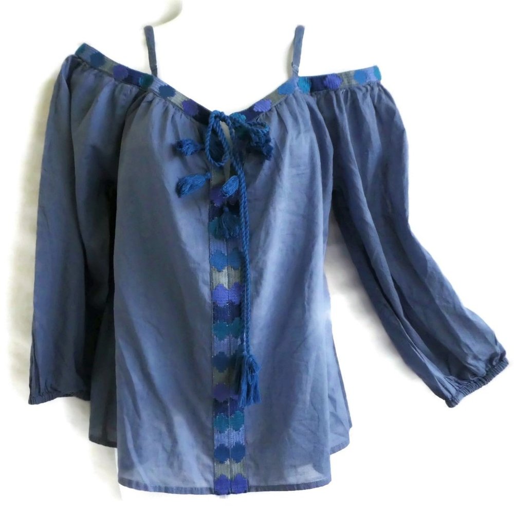 Christophe Sauvat Caracas Peasant Top Embroidered Trim Balloon Sleeves Cotton